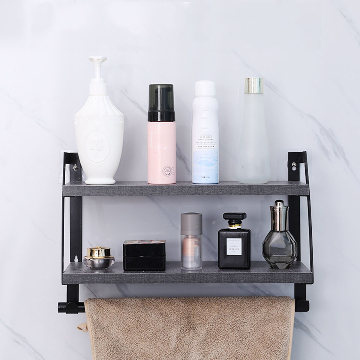 Matte Black Towel Rack Bathroom Shower Towel Holder Aluminum Wall Mounted Towel Bar Hanger Storage Shelf