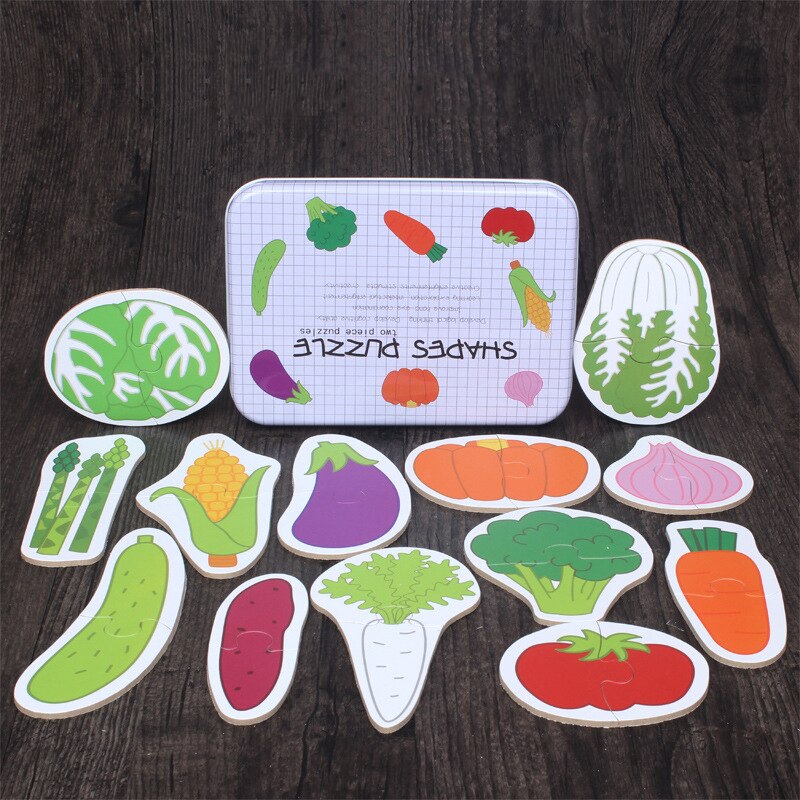 Big Size Vlok Baby Houten Puzzel Speelgoed Vroeg Onderwijs Cartoon Dier Fruit Cognitie Kaart Jigsaw Set Metalen Doos Voor Kinderen: vegetable