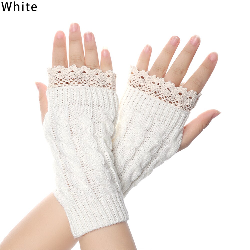 Lange fingerløse strikkede handsker kvinder vinter uldne bløde varme vanter piger blonder strikke fingerhandsker guantes: Hvid