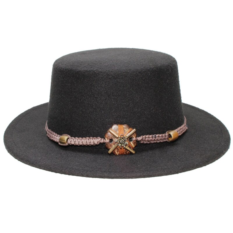 Retro Unisex Women Men /Kid Child Wool Fedora Flat Dome Oval Top Bowler Porkpie Pork-pie Hat Wood Bead Knitted Band (54/57cm): Black / Adult Size 57cm