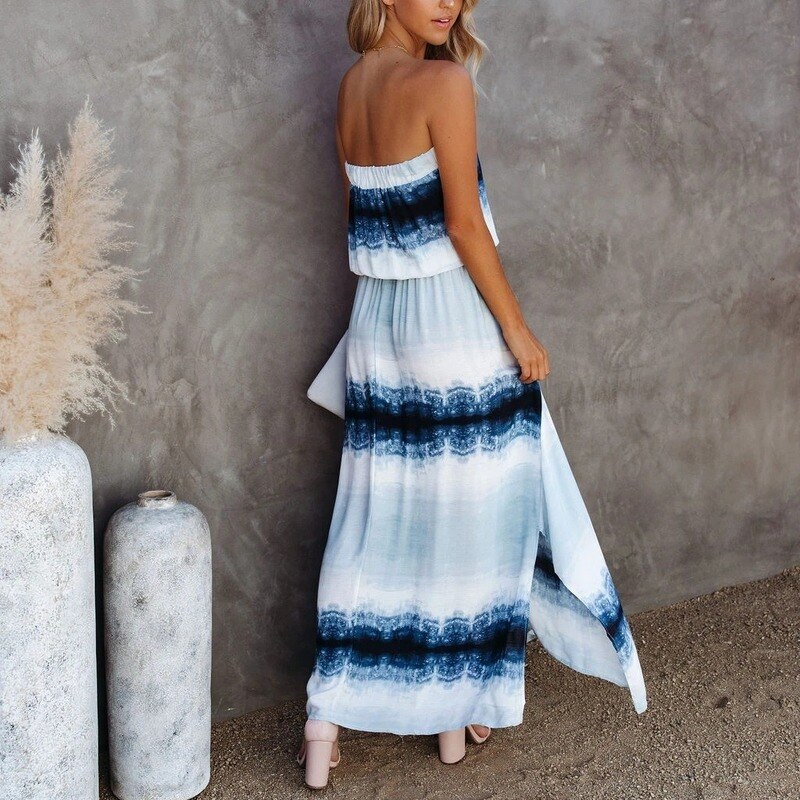 Blå bomullstunika dam strandkläder baddräkt cover up boho tie-dyed tryckt axelbandslös hög midja delad sommarklänning  a467