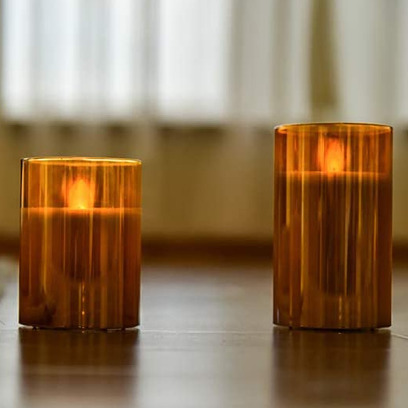 Amber Glass LED Flameless Candles Flickering with Remote,Battery Operated,For Wedding,Festival Decorations,3 Pack