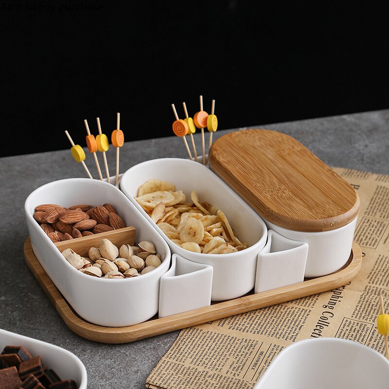 Ceramic Plate Snack Tray with Wooden Cover Wooden Pallets Fruit Plate Salad Bowl Snack Platter Dried Fruit Plates Dim Sum Dish