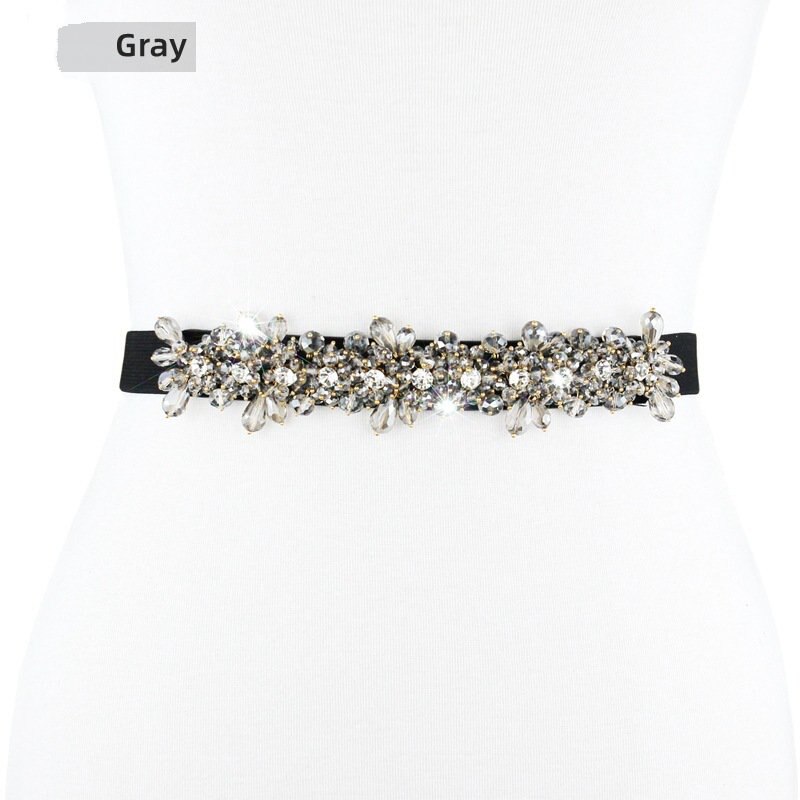 Frauen Klassische Elegante Breite Elastische strecken Taille Band mit Dekorative Strass Perlen Blume Taille Gürtel Bund B68: Grau