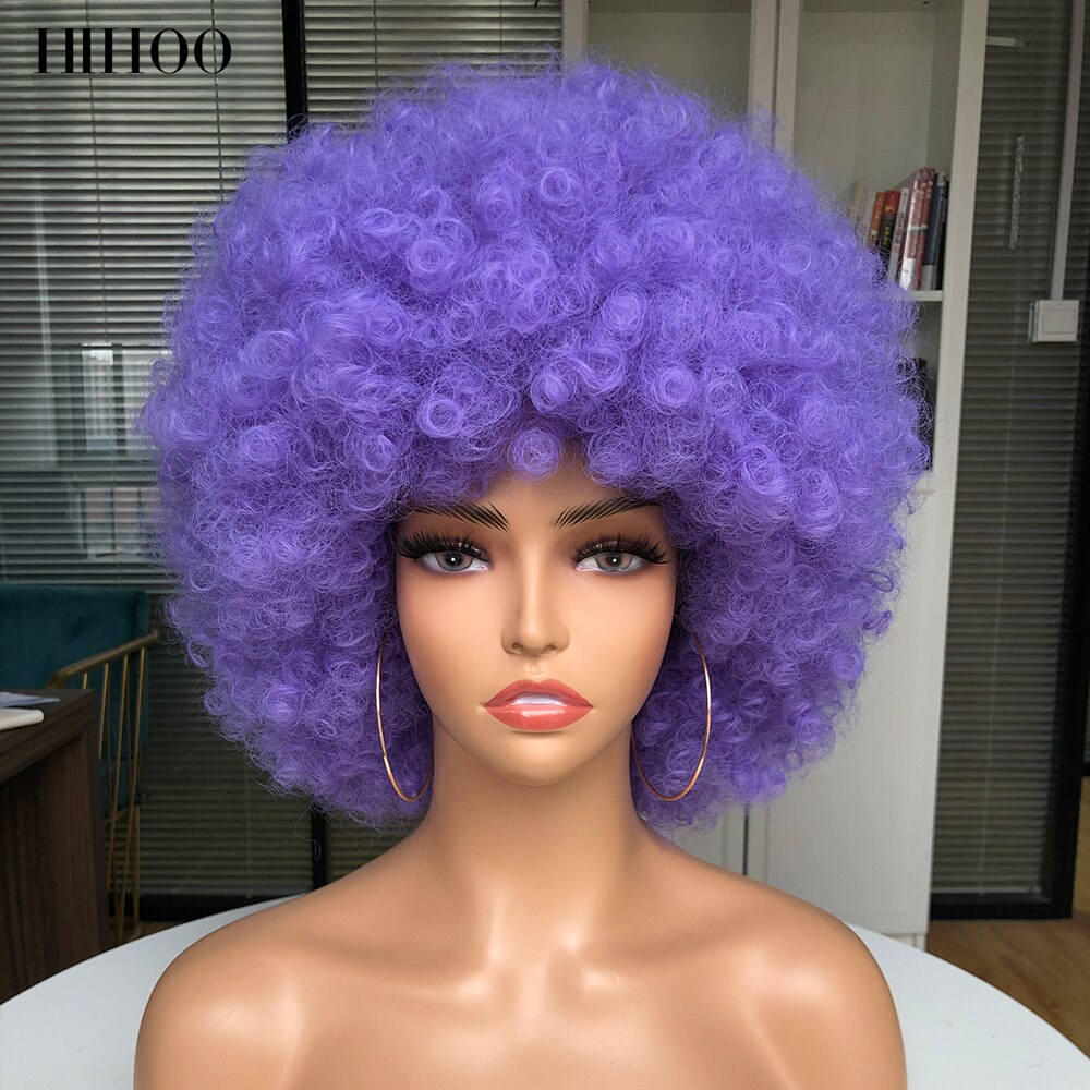 Peluca Afro rizada de pelo corto con flequillo para mujer, peluca sintética rosa para Cosplay, color negro, azul, rojo y marrón para Halloween: T27 / 30 / 4