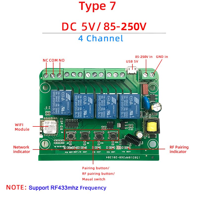 EWeLink-Control remoto inteligente con Wifi, módulo de interruptor de 1 canal, 4 canales, cc 12V 24V 32V 110V 220V, RF433 con autobloqueo, recibe relé de 4 vías: 4CH AC85-220V