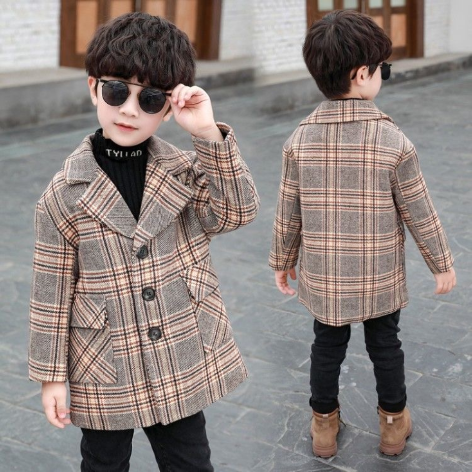 Herfst Winter Wollen Jassen Jas Kids Jongens Bovenkleding Casual Warm Turn-Down Kraag Tiener Kinderen Plaid Jassen Voor 3-12 Jongen