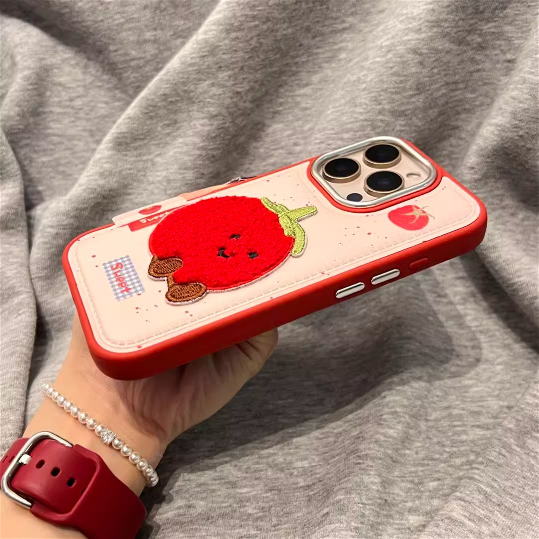 Ins coréen mignon broderie tomate cuir coque de téléphone pour iPhone 16 15 14 13 Pro Max 15 14 16 13 Pro caméra Protection couverture arrière