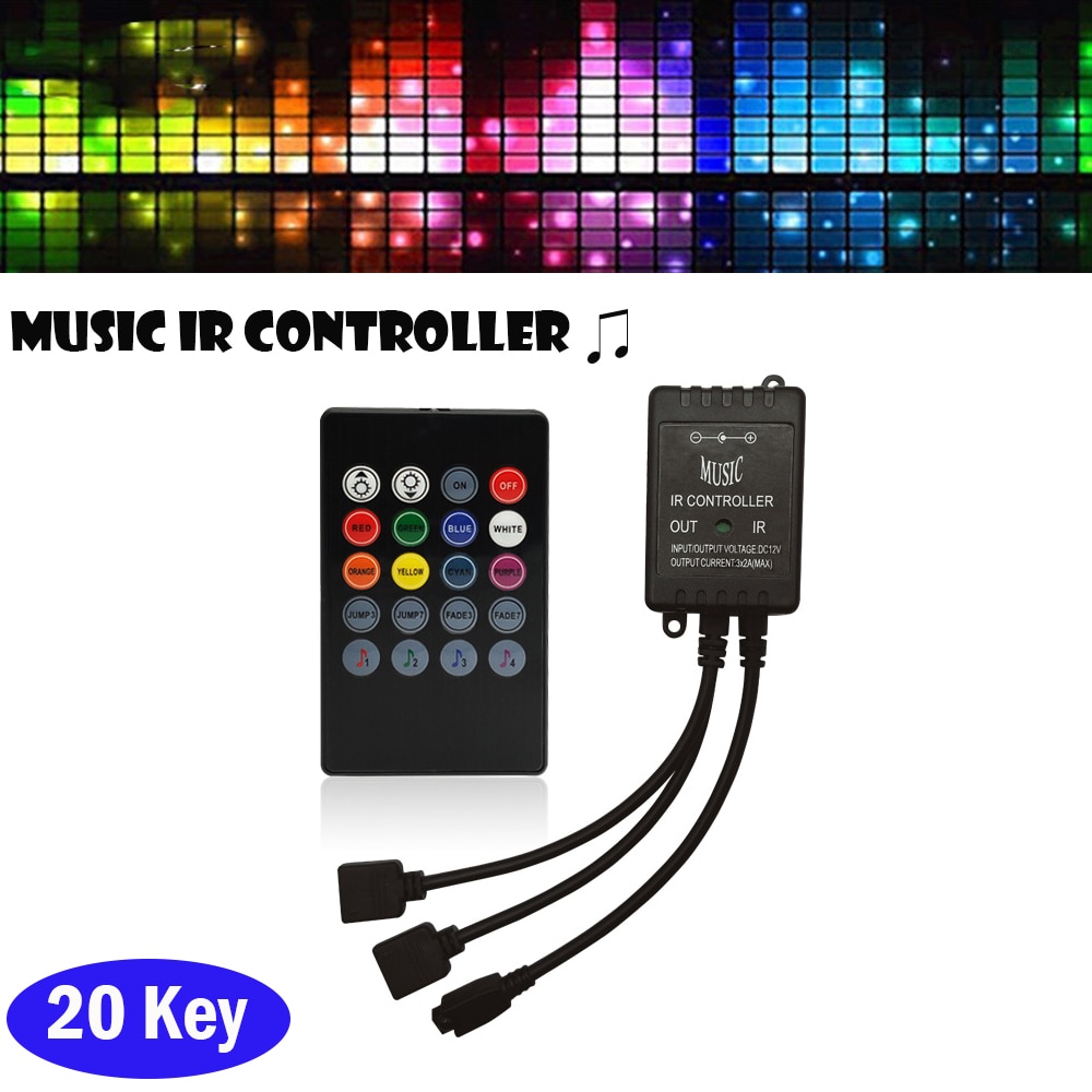 20 Key Music IR Controller Black Sound Sensor Remote DC 12V RGB Controller For RGB LED Light Strip Connect 2 Led Strip