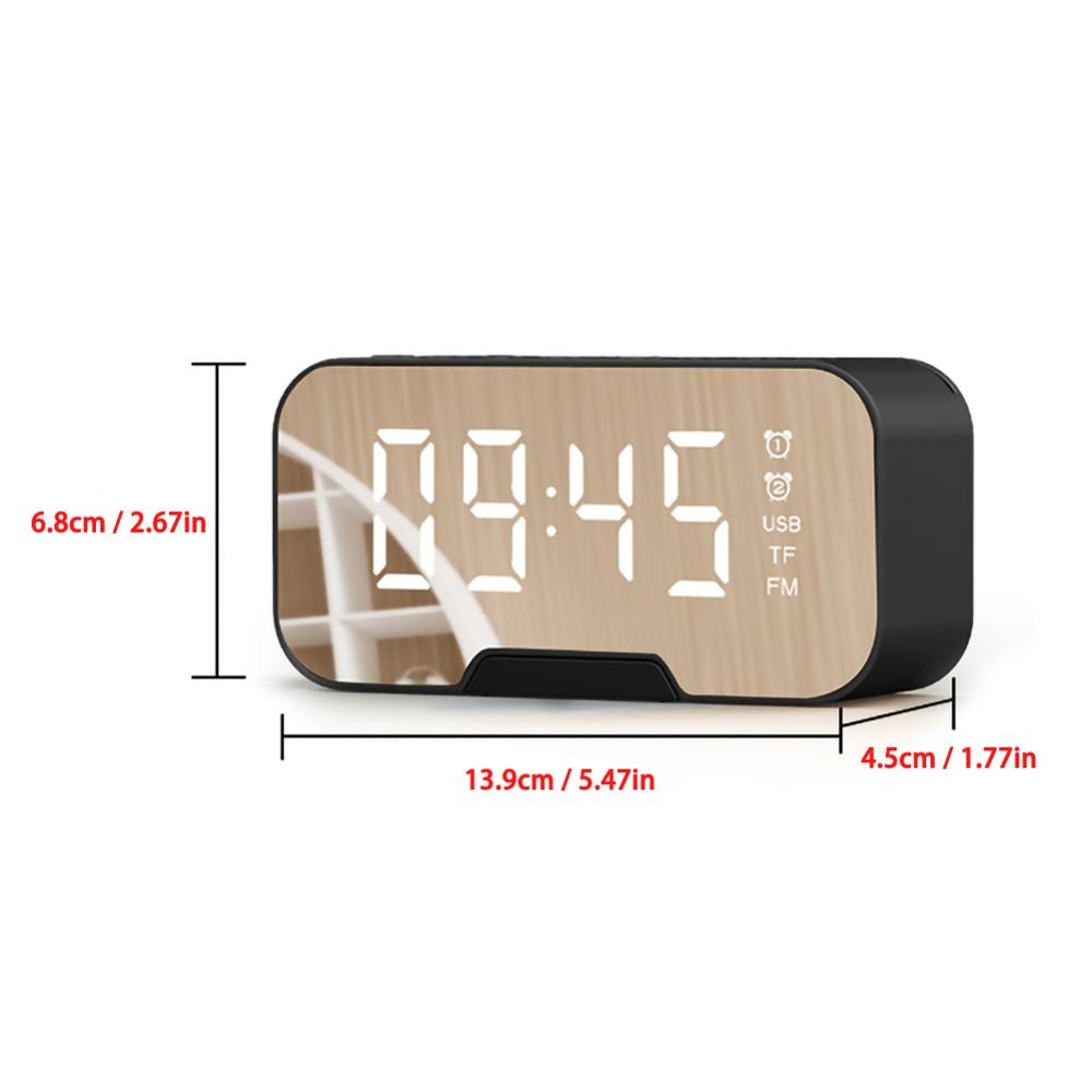 Led väckarklocka med fm radio trådlös bluetooth högtalare spegel display stöd subwoofer musik snooze bordsklocka
