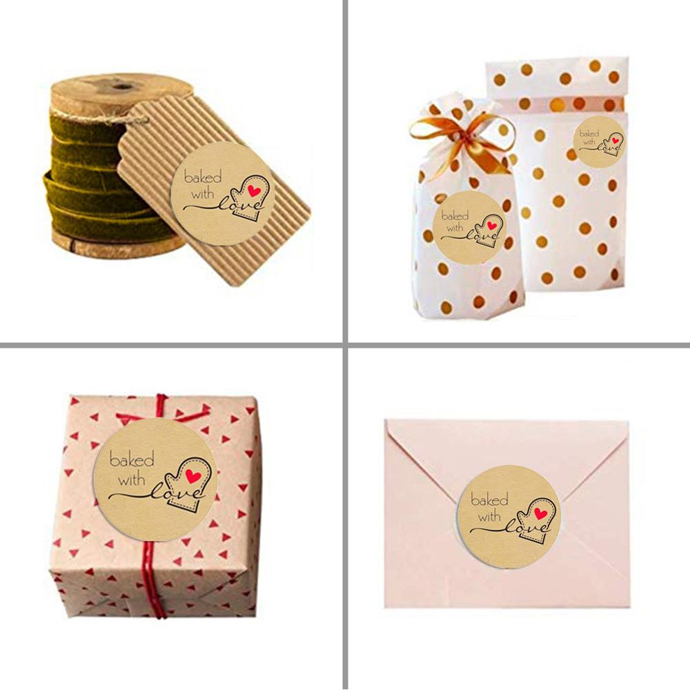 500pcs Handmade With Love Kraft Paper Stickers Round Adhesive Labels Baking 25mm For Package Decorate Handmade Sticker