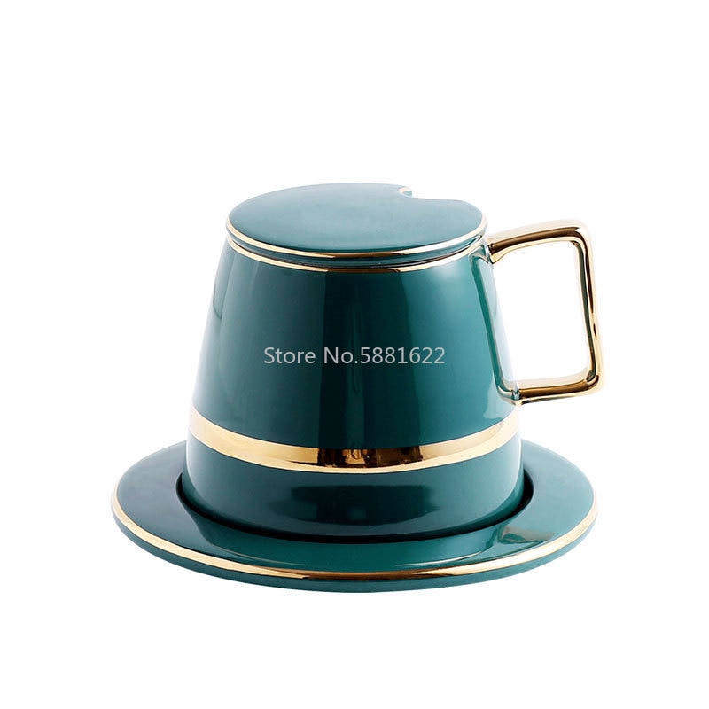 Europäische Luxuriöse Keramik Kaffee Tasse setzt4Stck Mit Deckel Schüssel Löffel Kasten Anzug Tassen Milch Tee Kaffee Grün Getränk 450ml