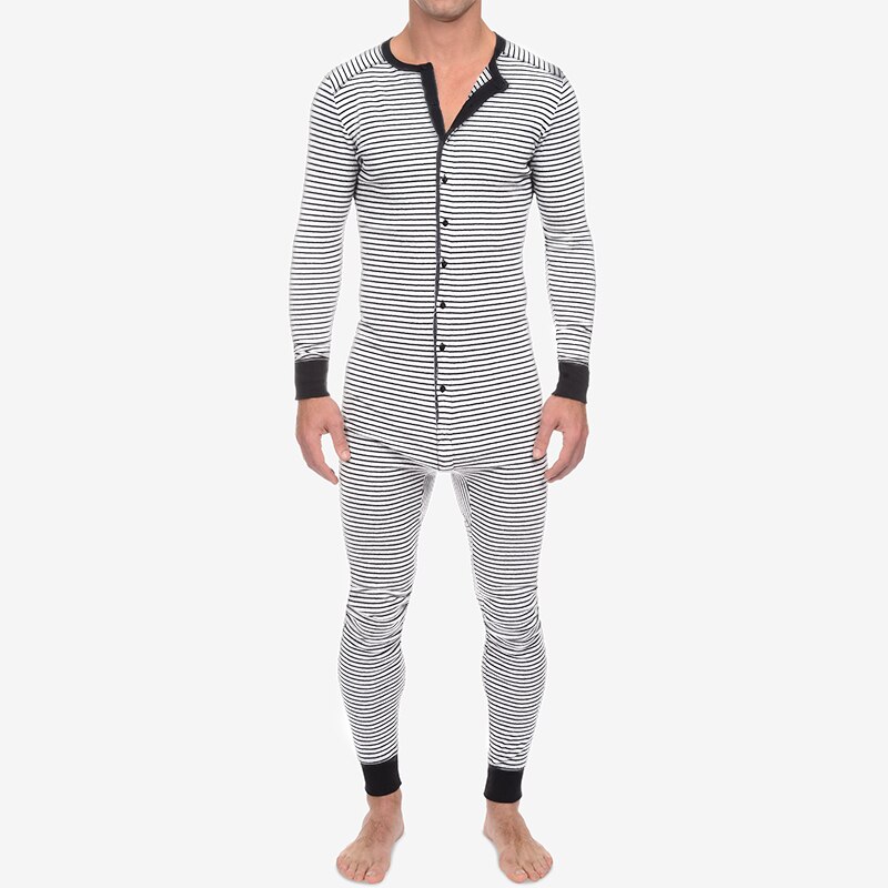 Pijama de una pieza para hombre, estampado a rayas manga larga cuello redondo botón abajo mono ropa de dormir: XXXL / Blanco