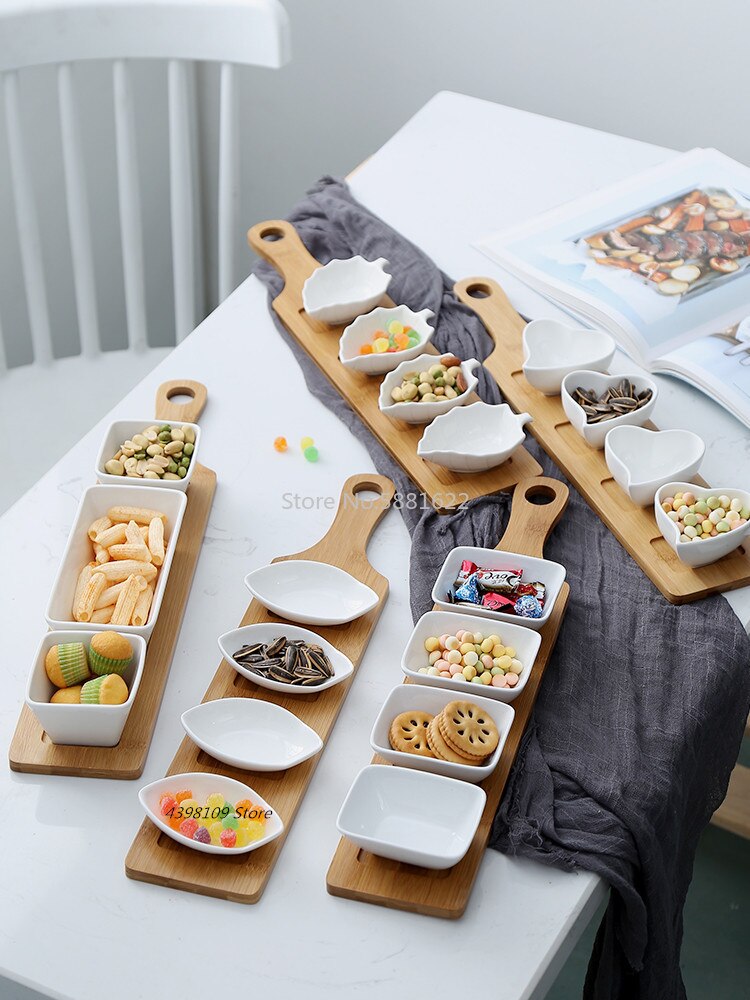 Bandeja de cerámica de estilo japonés para fruta, vajilla creativa de bambú Natural para aperitivos, frutos secos, postres y salsa