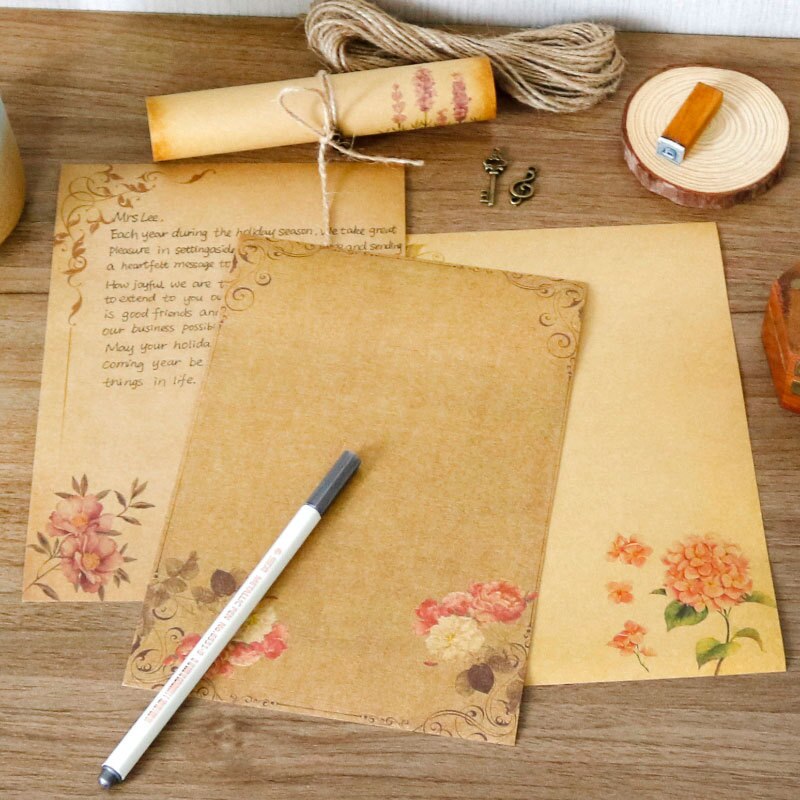 8 Sheets Kraft Vintage Writing Paper Flower Brown Letter Paper Romantic Greeting Letter Paper Writing Paper