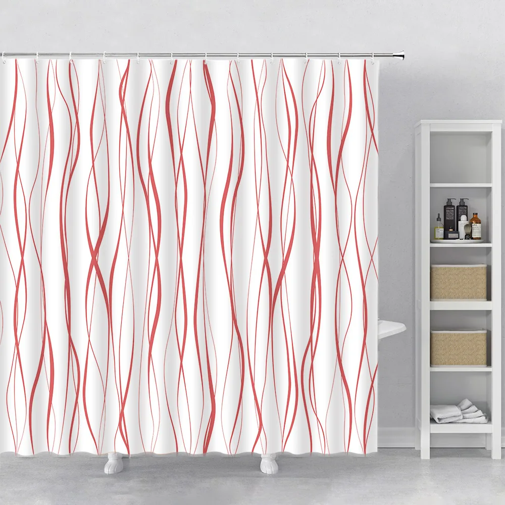 Geometrische Golvende Lijn Douchegordijn Modern Minimalistisch Interieur Polyester Stof Badgordijn Machine Wasbare Haak Voor Badkamer: 180*210cm / Rood