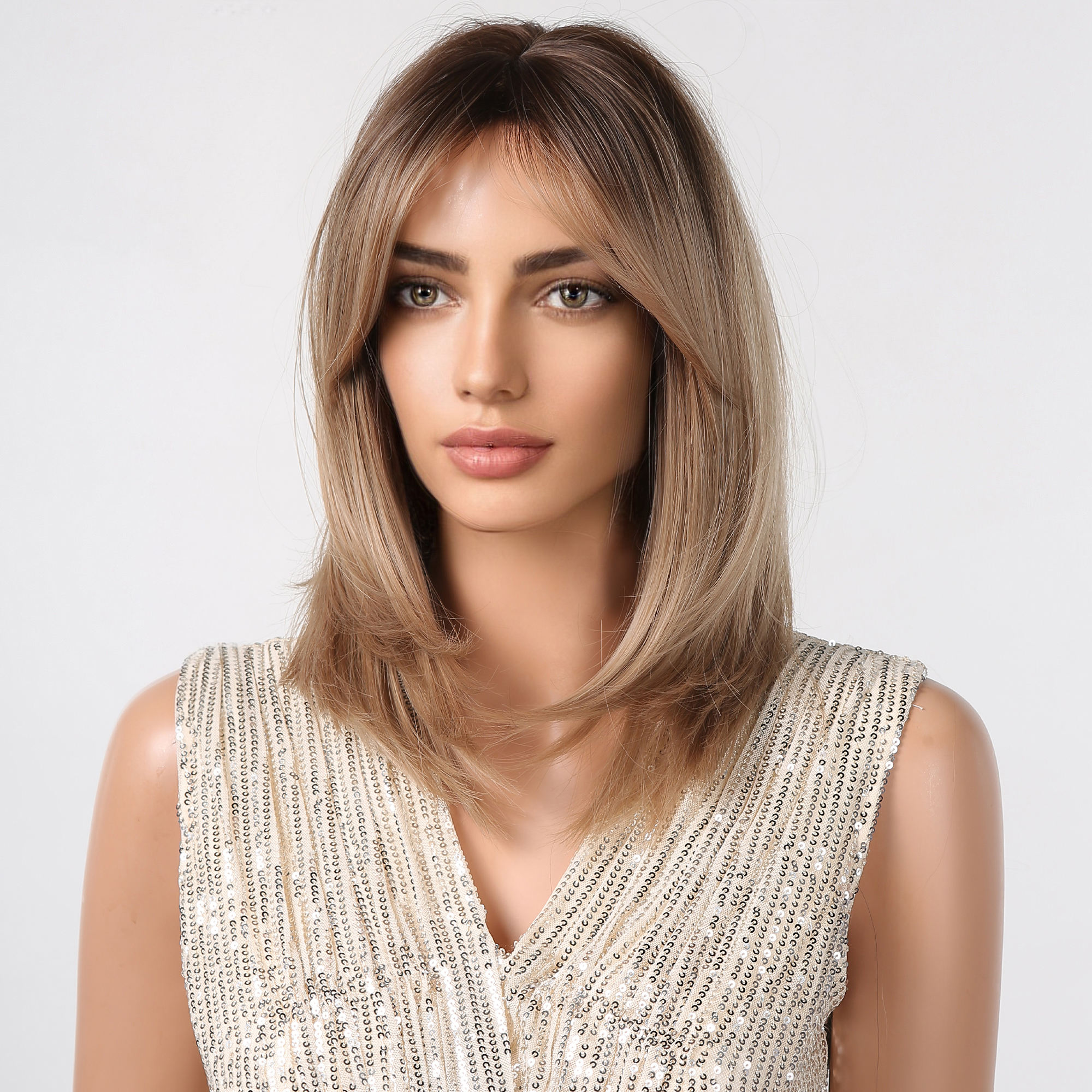 Short Layered Synthetic Wig Ombre Brown Medium Length Straight Natural Looking Hair Wig with Bangs Heat Resistant for Women Afro