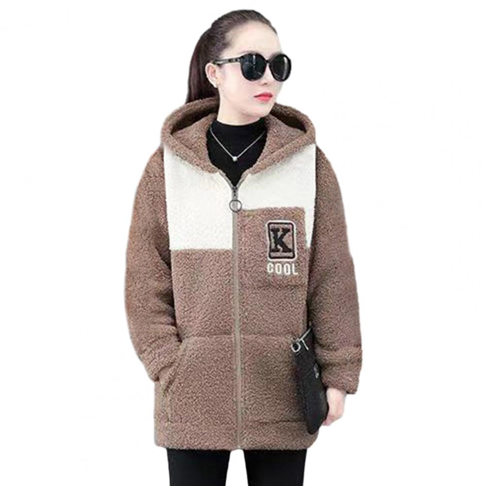 Damenjacke, Colorblock-Vlies-Kapuzenmantel mit Reißverschlusstaschen für Damen, warme Winter-Strickjacke-Jacke, mittellang, Schließfach: 4XL / Kakifarbig