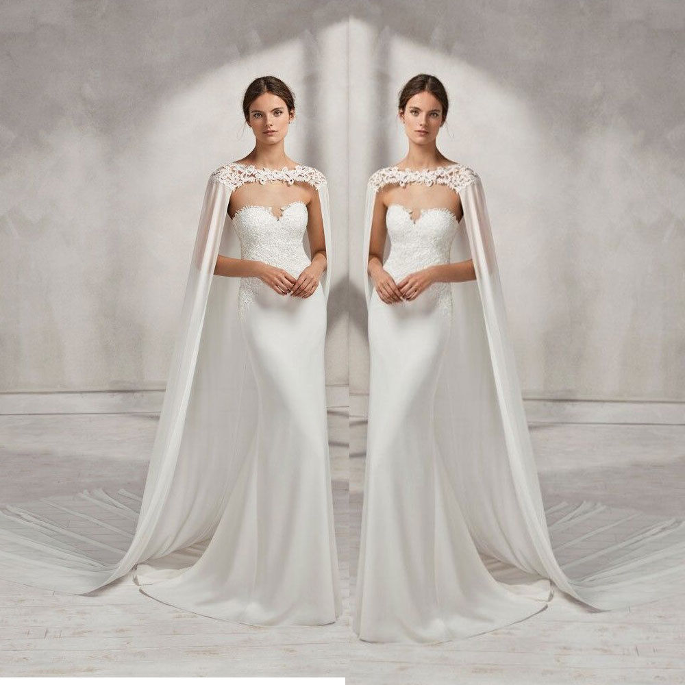 Boda nupcial abrigo largo blanco, marfil nupcial capa para vestido de gasa chal con encaje envuelve la chaqueta