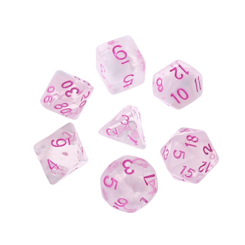 7 stuks/set speldobbelstenen transparante dobbelstenen multi-side desktop games party play polyhedral zwart/roze  q22f