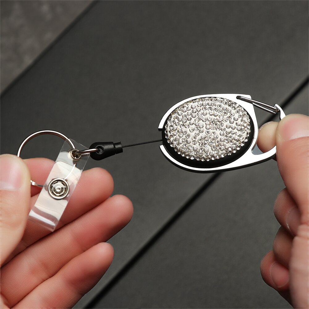 1Pc Shiny Intrekbare Reel Clip Diamant Badge Houder Id Card Key Ring Carabine Veerkracht Duurzaam Draagbare Riem Clips Roestvrij