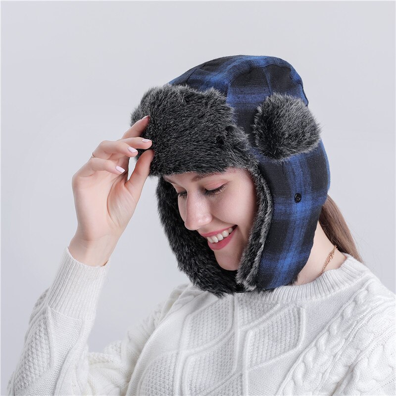 Chapeau d&#39;hiver pour homme et femme, couvre-chef russe, couvre-chef à carreaux, couvre-chef en fourrure,: C