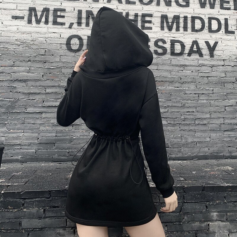 NCLAGEN gotisch Schwarz Punk Hoodies Kleid Mond Stickerei Rose Drucken Mit Kapuze Kleider Frauen Hohe Taille Kordelzug Vestidos de Mujer