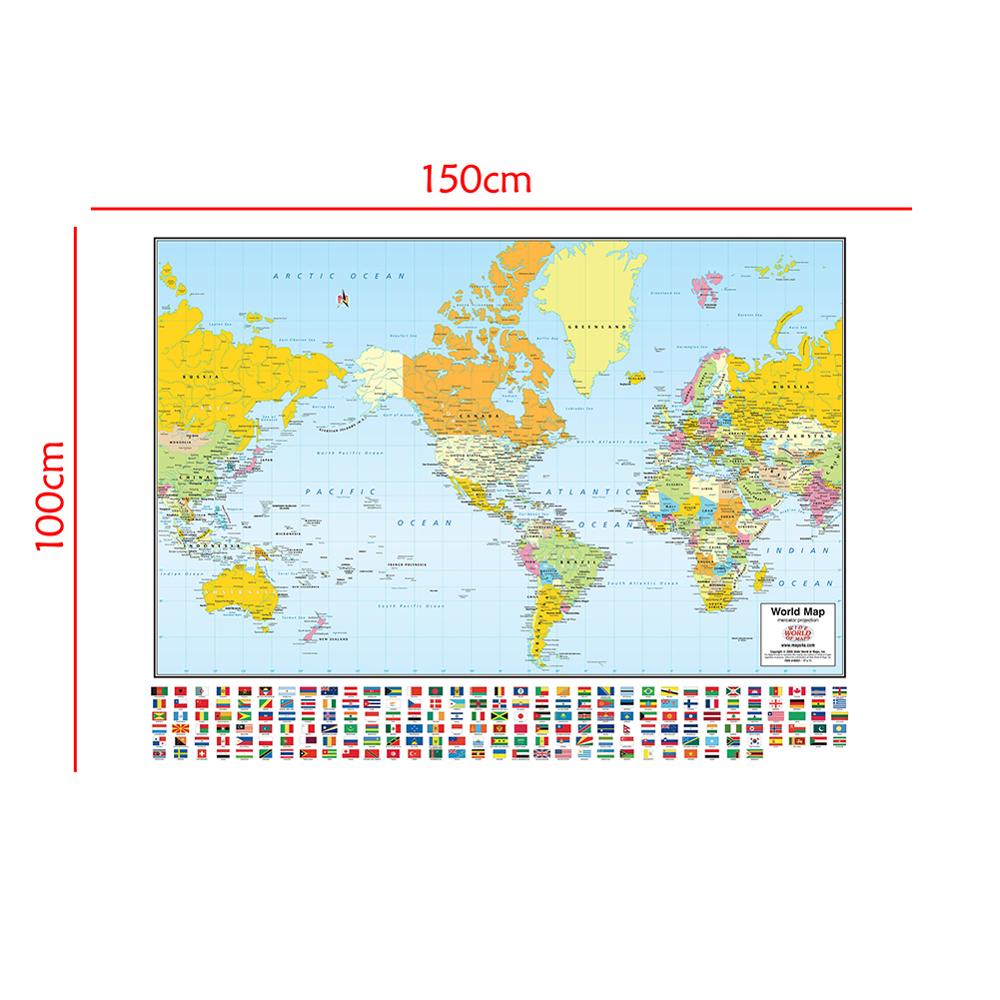 Verdensmercator projektionskort med nationale flag 150 x 100cm ikke-vævet foldbart verdenskort til rejse og uddannelse