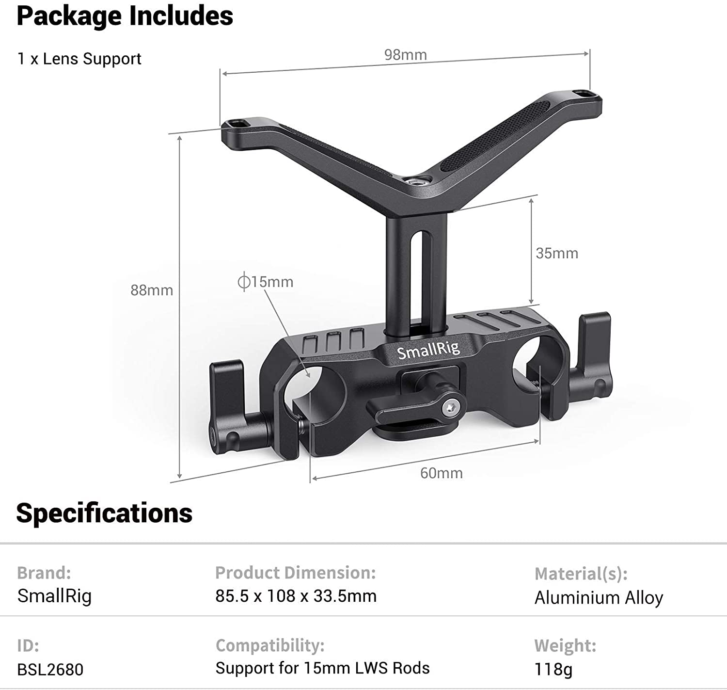 SmallRig 15mm LWS supporto obiettivo universale con morsetto asta 15mm per obiettivo fotocamera staffa a forma di Y supporto obiettivo rig -2680