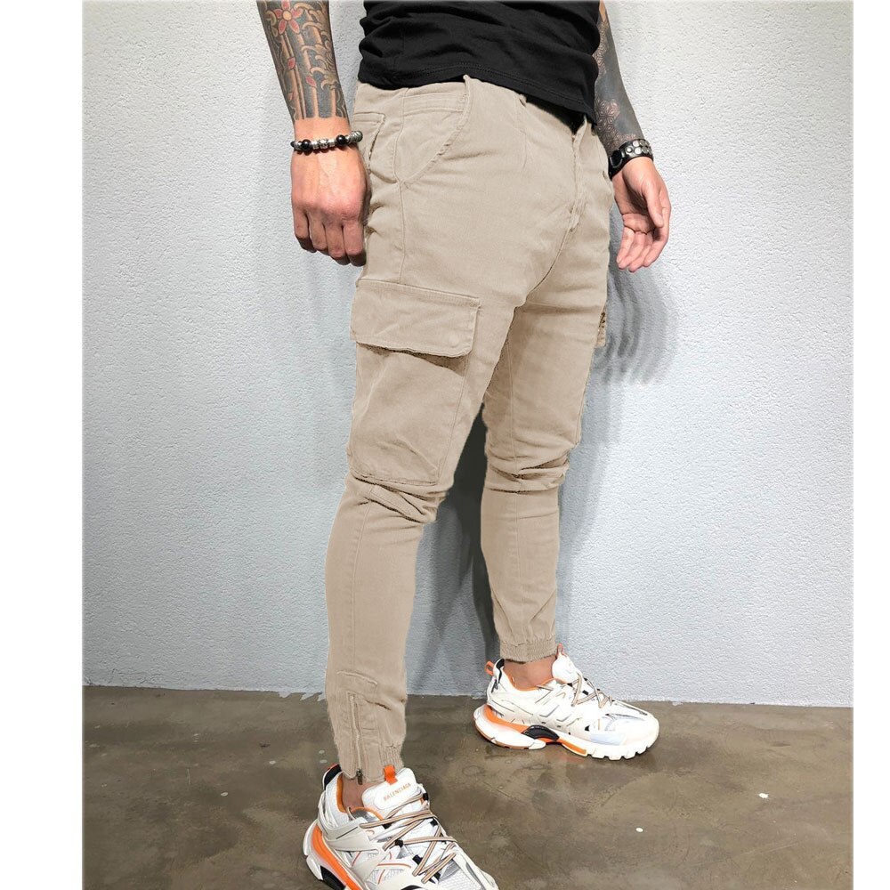 Slim lommer urbane bukser med rette ben for menn joggejoggebukser cargobukse tilfeldig tynne blyantbukser: Xxxl / Khaki