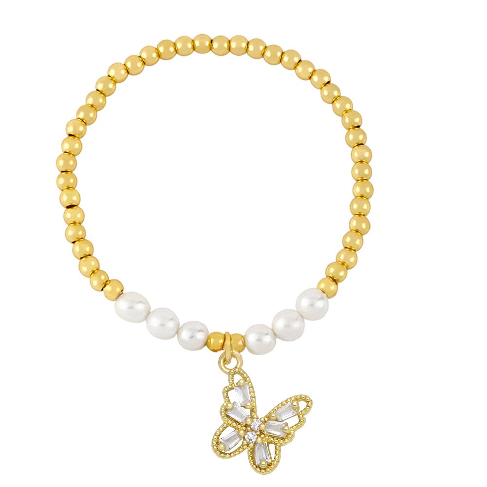 Flola Koper Zirkoon Vlinder Armbanden Voor Vrouwen Gouden Kralen Ketting Elastische Touw Parel Armband Crystal Sieraden Brtf64: White