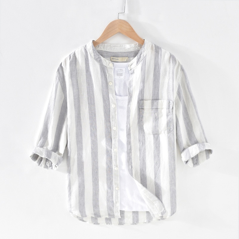 Menn vår sommer japan stil stativ krage trekvart ermet stripe skjorte herre 100%  lin casual skjorter