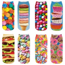 Calcetines de algodón con estampado 3D de comida para mujer, calcetín tobilleros de corte bajo, divertido, hamburguesa, patatas fritas, fruta, piruleta, Harajuku