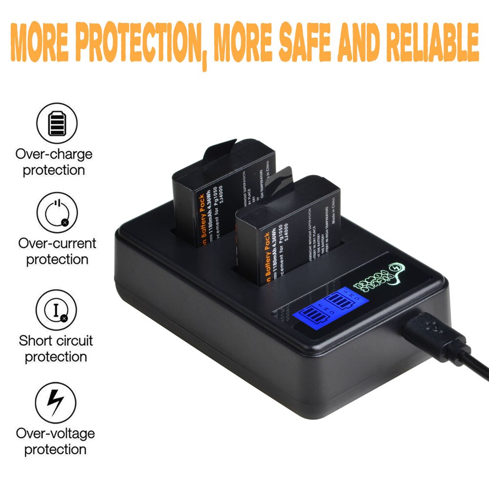 4 Uds 1180mAh PG1050 batería y cargador USB con LCD para SJCAM SJ4000 M10 SJ5000 SJ5000X para EKEN H9 H9R H8R H8 GIT PG900