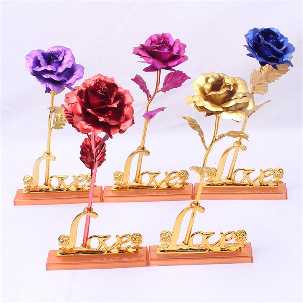 Love Base 24K Foil Plated Gold Rose Artificial Flowers Valentines Day Birthday for Girlfriend Wedding Decoration Bride