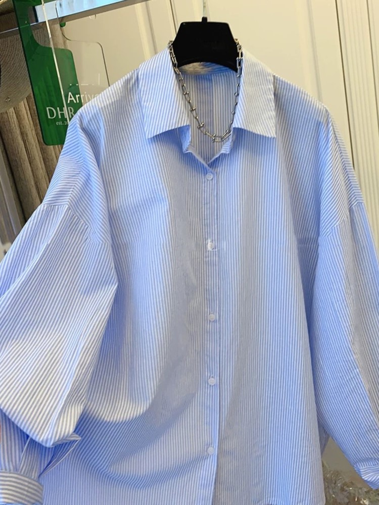 Camisa De algodón a rayas para Mujer, Blusa De manga larga con cordones, talla grande, a la , otoño, 2024