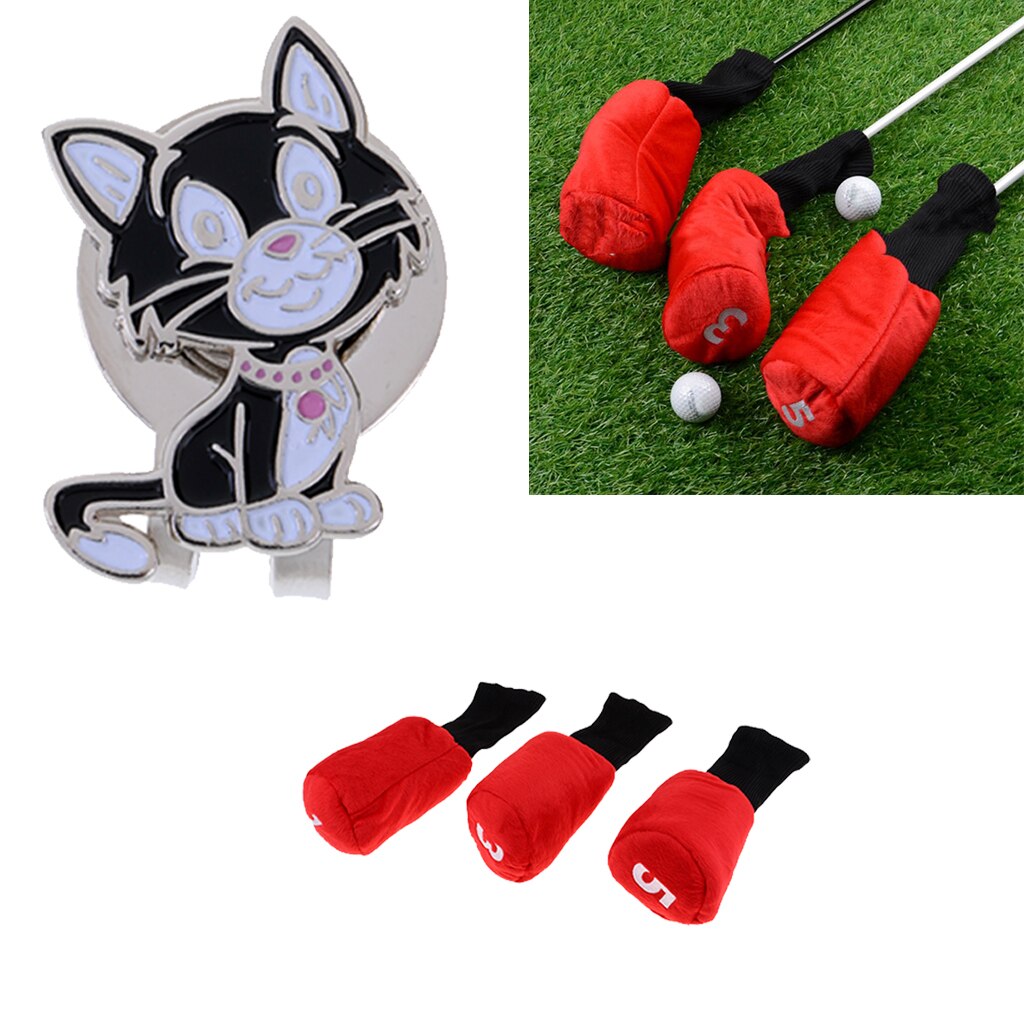 3 sztuk golf kierowca drewna pokrowiec na główkę długa szyja Headcover i piłka znacznik z magnetyczny klips na kapelusz