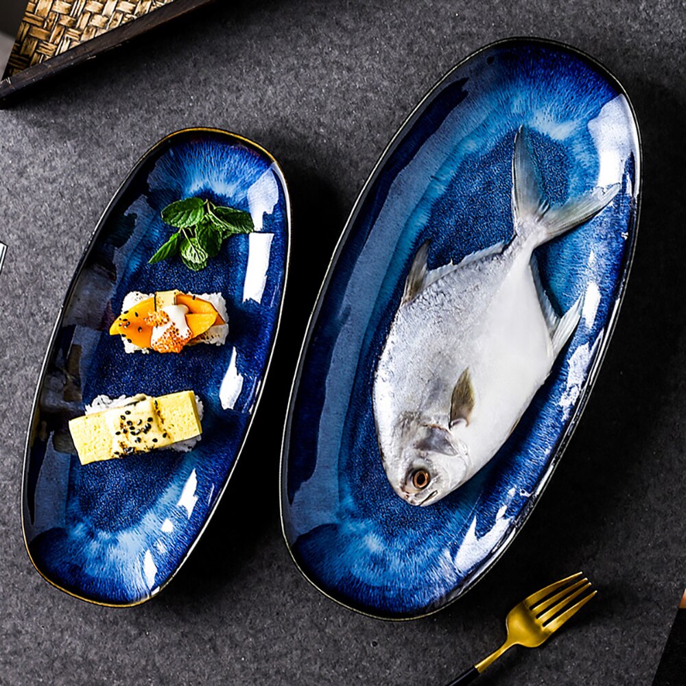 Blue Fish Plate Household Steamed Fish Fruit Dish Food Tray Food Large Serving Plate Large Glaze Color Sushi Plate For Kitchen