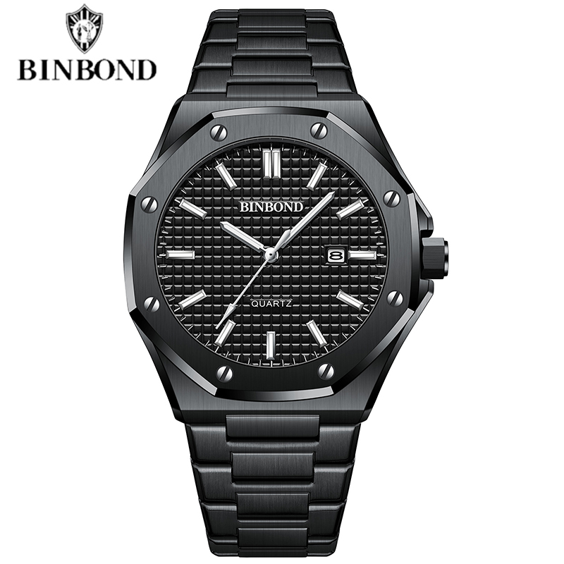 BINBOND montre pour hommes Top Royal décontracté hommes grand cadran argent acier inoxydable calendrier Quartz montre-bracelet classique lumineux B0233: Café