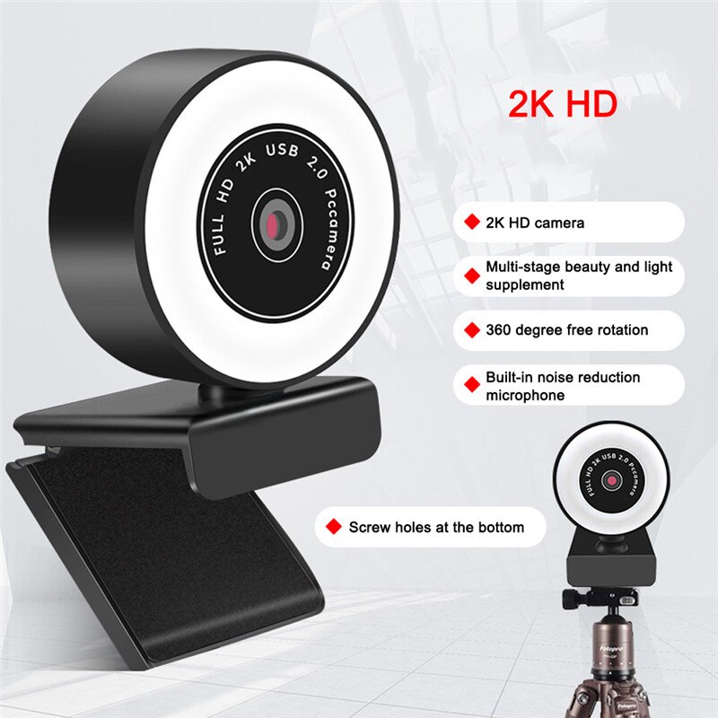 Autofocus Hd Webcam 1080P 2K Usb 5 Miljoen Pixels Web Camera Pc Laptop Desktop Computer Met Microfoon Ring licht Statief Web Cam: 2K