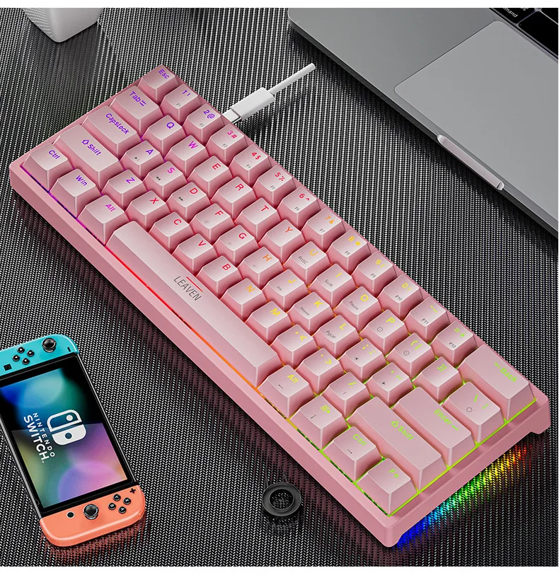 K620 Mini Gaming Mechanical Keyboard 61 Keys RGB Hotswap Type-C Wired Gaming Keyboard PBT Keycaps 60% Ergonomics Keyboards: Pink / blue switch