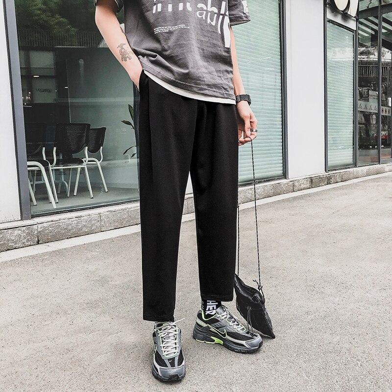 Pantalones de hombre Streetwear estilo coreano de alta negro Casual liso simple All Match Mens de talla grande tobillo-longitud pantalones de chándal Chic