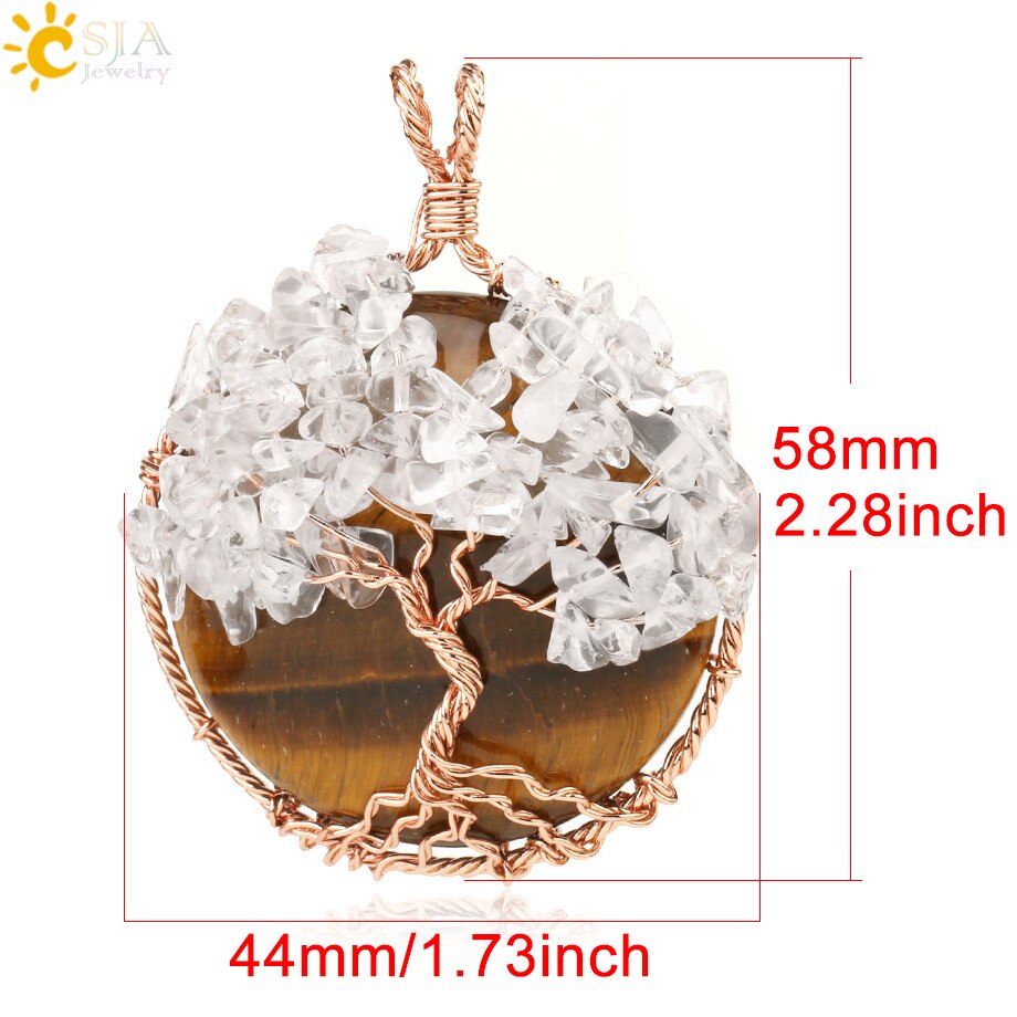 CSJA Natural Cabochon Stone Tree of Life Pendant Rose Gold Color Wire Wrap Chip Bead Wisdom Tree Healing Women Men Necklace G193