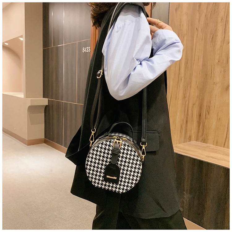 Bolso redondo pequeño de pata de gallo para mujer, nueva , bandolera de un solo hombro, bolso redondo occidental salvaje: Houndstooth