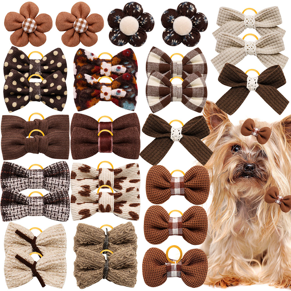 10 Uds. De lazos hechos a mano para perros, lazos de la serie marrón para perros pequeños, lindas bandas de goma para perros, Boutique, accesorios para el cabello para perros y gatos: Default Title