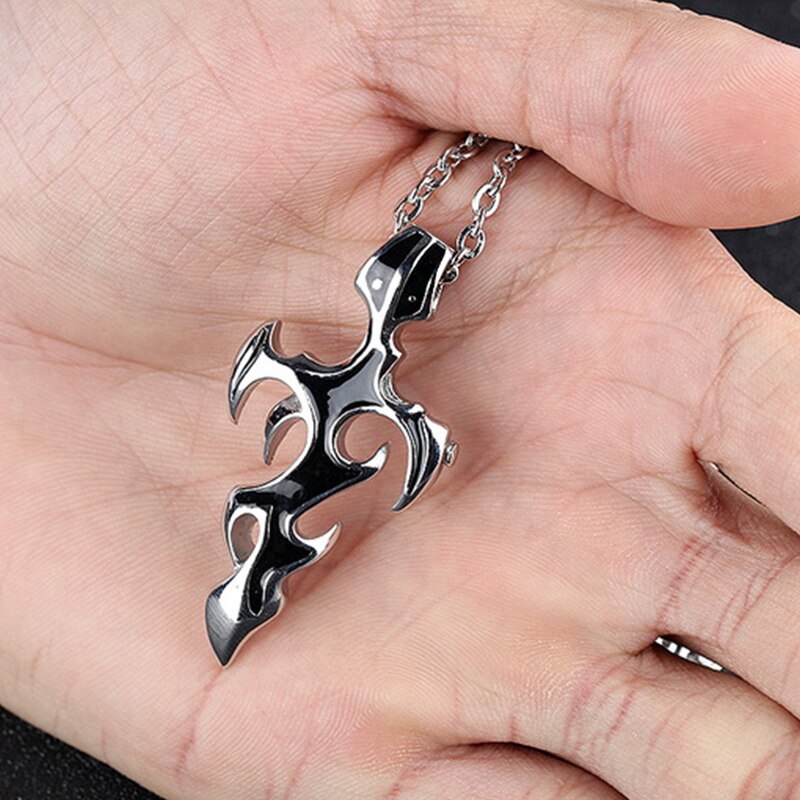 Personality Flame Cross Necklace For Men Punk hip hop stainless steel 316L Chain Pendant Boy Cool Jewelry