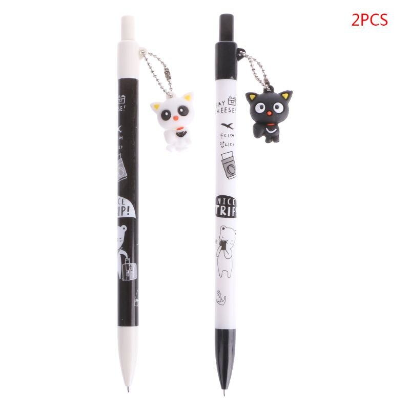 2 Stuks Mooie Wit Zwart Cartoon Kat Kitten Mechanische Plastic Automatische Potloden Pen Met 0.5Mm