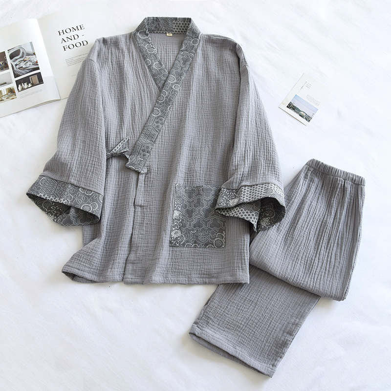 Japanische Baumwolle Kimono Bademantel Samurai Männer Haori Yukata Top Hosen Nachtwäsche Pyjama Kleidung Set chinesische traditionelle Nachthemd: M / Blau