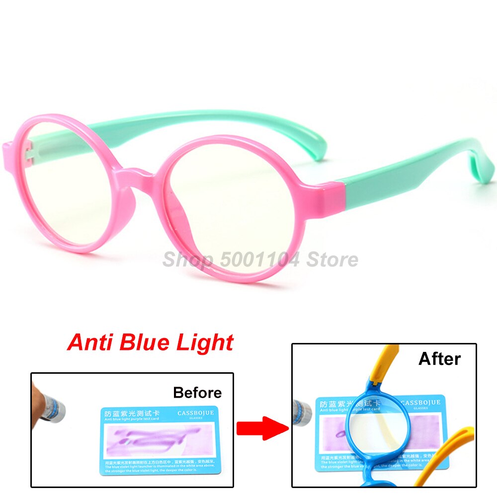Børn anti blå lys brille ramme børn  tr90 silikone optiske briller dreng pige fleksible runde briller beskyttende: Lyserød grøn
