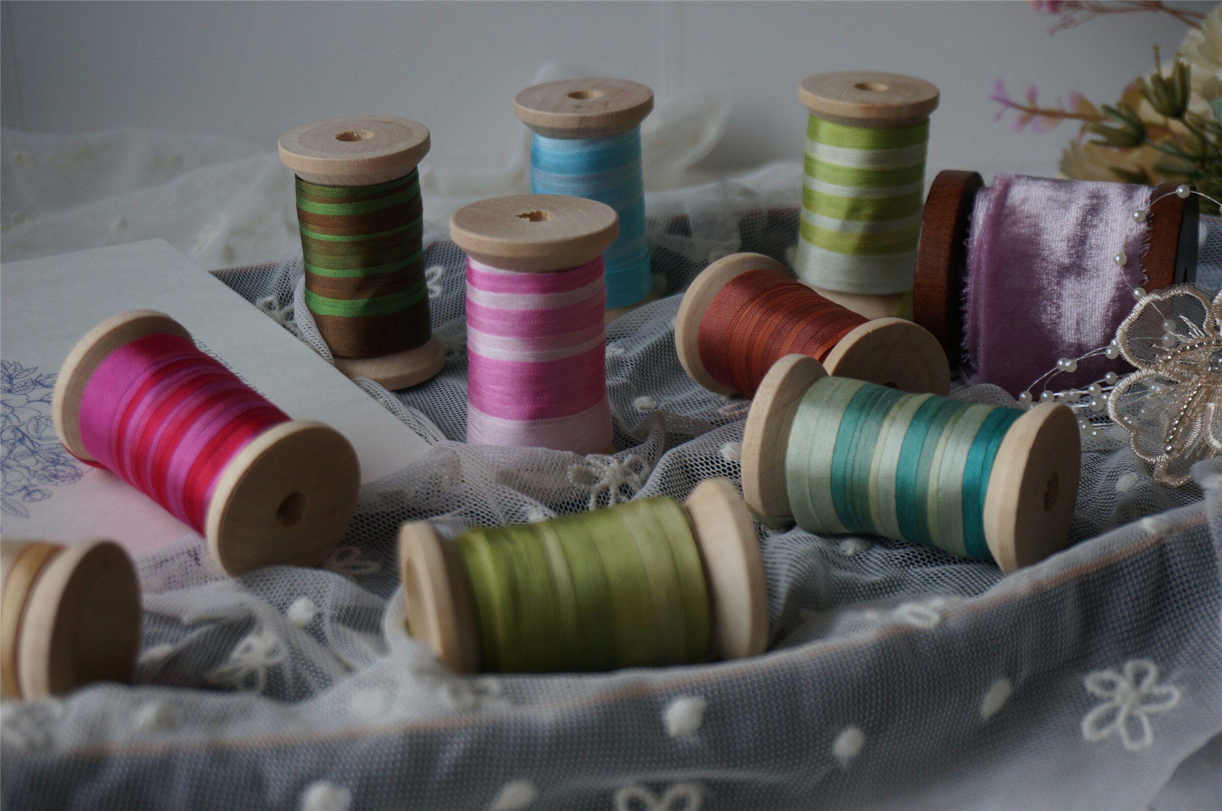 10mm bonte houten spoelen zijden borduurlint dun taft zijden lint fotografie styling lint handwerk